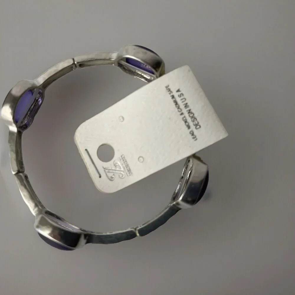 JL Designs Purple Silvertone Stretch Bracelet Rectangle Bangle Costume Jewelry